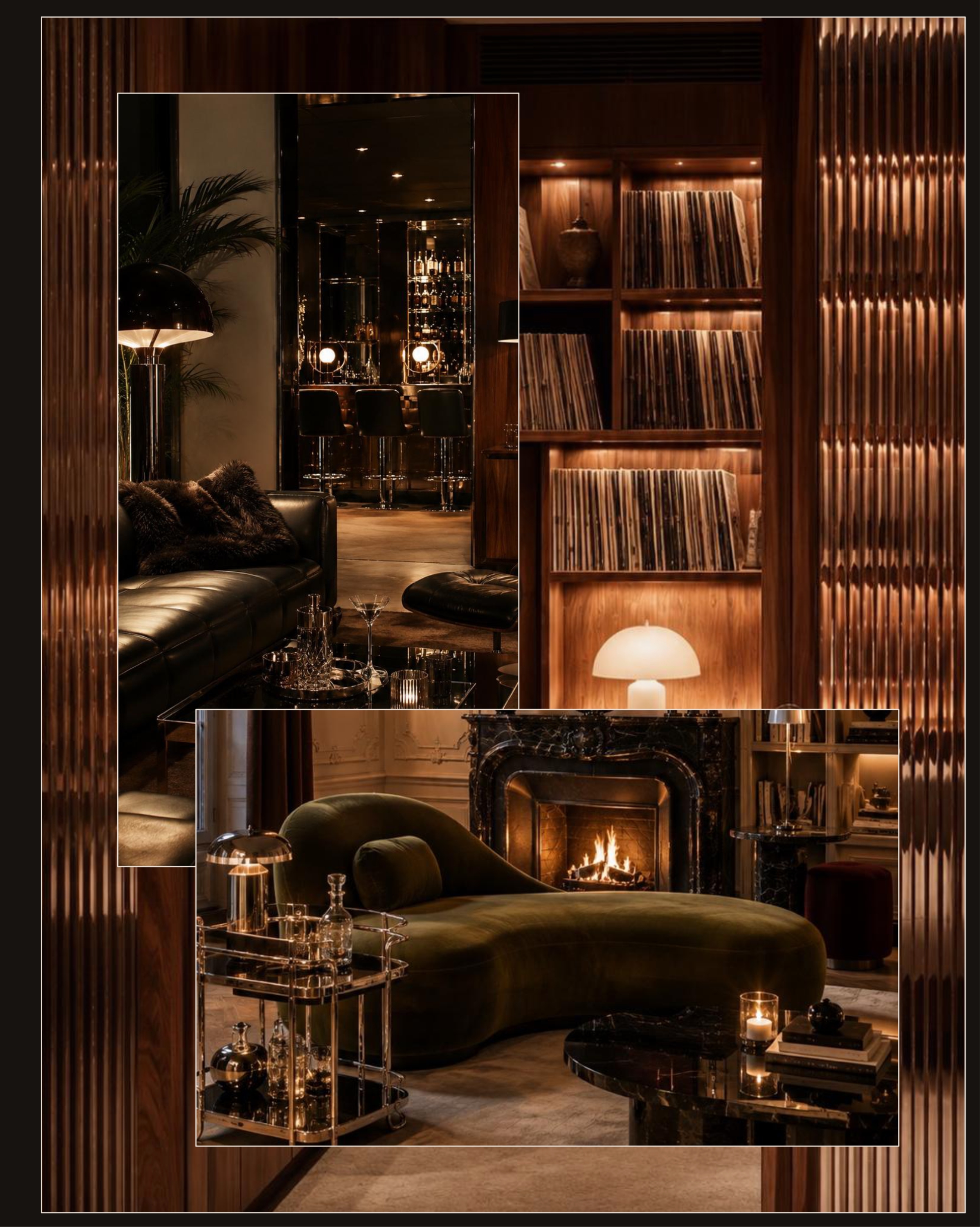 Dark interior with a lounge, bar and warm wood details