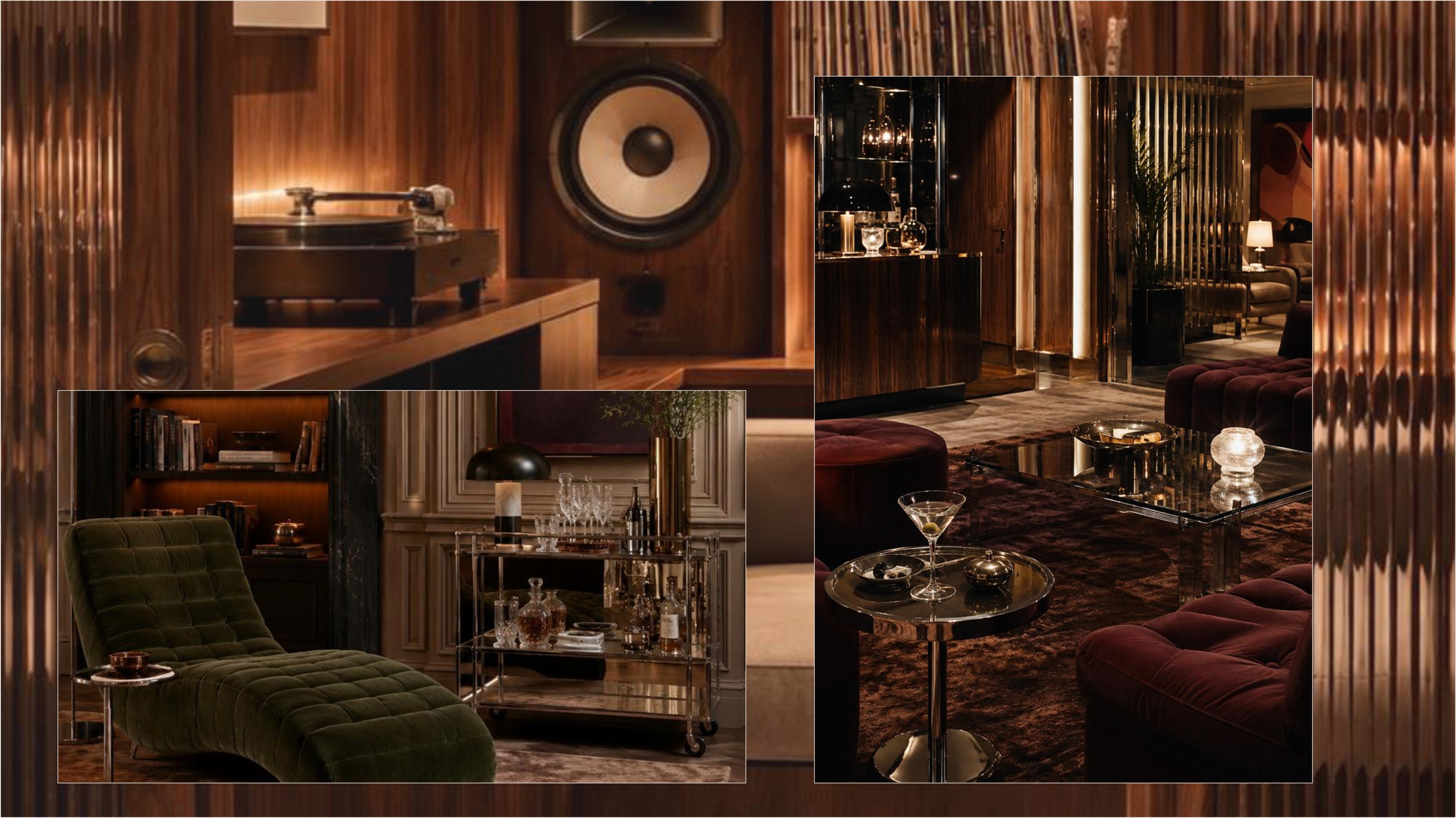 Warm wood interior with a record player, lounge seating and layered lighting