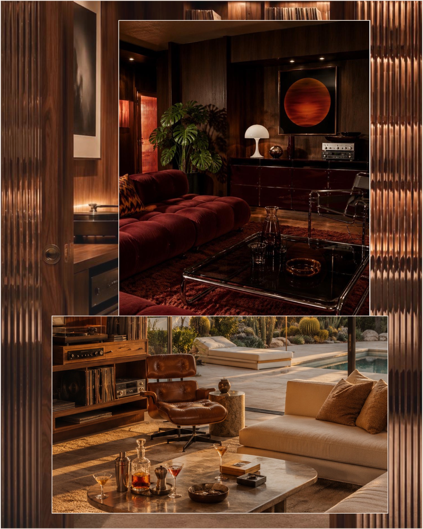 Dark wood living room with sculptural furniture, warm lighting and a red velvet sofa